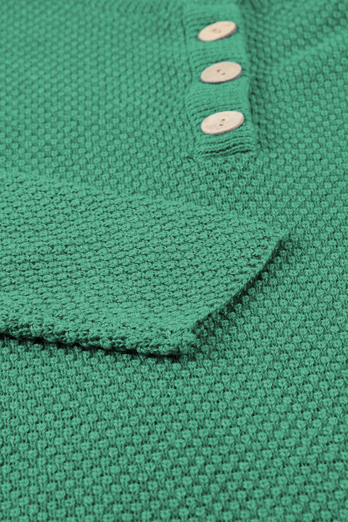 Henley Button Placket Side Slit Drop Shoulder Pullover Knit Sweater